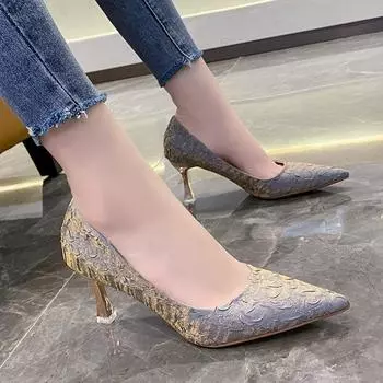 2024 Beige High Heels Shallow Mouth Fine Heeled Shoes Stiletto Slides Rubber Thin Cotton Beige High Heels Shallow Mout 34 бежевый