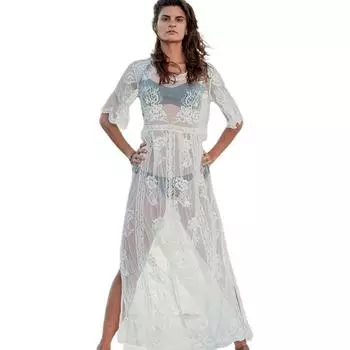 2024 Белая туника, сексуальное пляжное мини-платье с открытыми плечами и круглым вырезом, летняя женская пляжная одежда, купальник, накидка, саронг One Size мята кремового