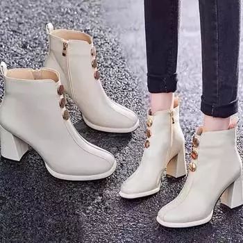 2024 Белые ботильоны Rock Basic Zipper Brand Женская обувь на высоком каблуке Ботинки-женщины с круглым носком Модные резиновые туфли-шпильки для женщин 35 бежевый