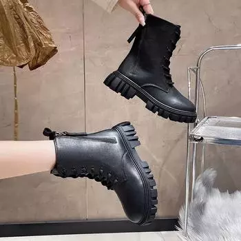 2024 Белые Новые Женские Ботильоны Осень Зима Платформа Молния Женские Панк Ботинки Толстая Подошва Шнуровка Ботинки Армейские Женские Mujer 35 чёрный