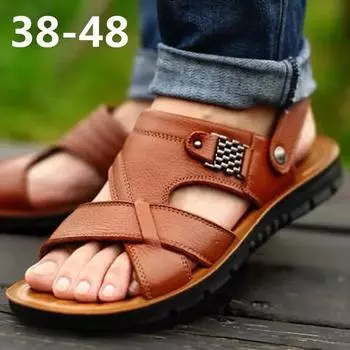 2024 Big Size Men Leather Sandals Summer Classic Men Shoes Slippers Soft Sandals Men Roman Comfortable Outdoor Walking Footwear 38 чёрный