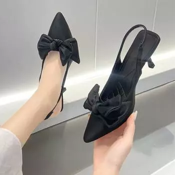 2024 Black Bow Women Pumps Summer Pointed High Heels Shoes for Slim Heel Slingback Sandals Women s Heeled Lady Shoes 35 чёрный