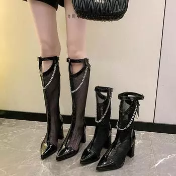2024 Black Sexy Mesh Hollow Boots Summer New Pointy Thick Heel Metal Chain Fashion Breathable High Heel Cool Boots 34