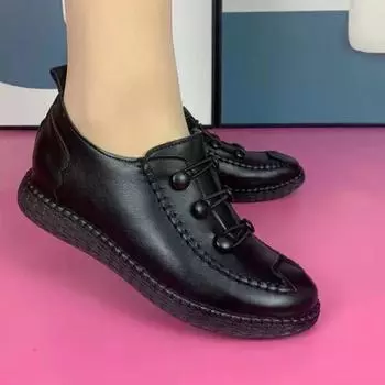 2024 Черные весенние кожаные туфли Mom Comfort Retro Stitching Flats Wedge Leather Sneakers Womens Walking Shoes CN 35 чёрный