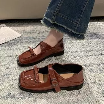 2024 Black Thick Heel Mary Jane Buckle Square Toe Pump Med Heele Patent Stylish Comfortable Simple Single Shoes for Women Casual 35 чёрный