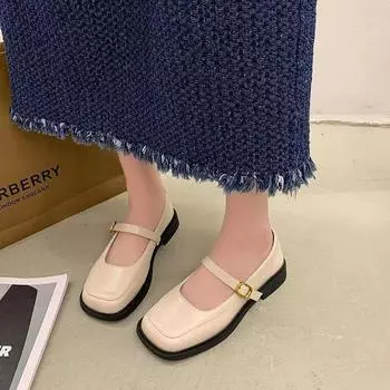 2024 Black Thick Heel Mary Jane Buckle Square Toe Pump Med Heele Patent Stylish Comfortable Simple Single Shoes for Women Casual 35 бежевый