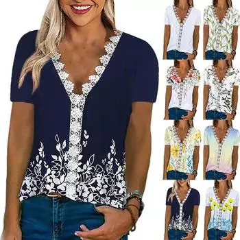 2024 богемные топы, рубашки с растительным узором, летние летние рубашки с короткими рукавами и v-образным вырезом, кружевные украшения, хлопковые свободные женские рубашки для отдыха S