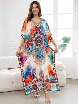 2024 Bohemian Chic Printed Batwing Sleeve V-образный вырез с разрезом по бокам Макси-платье Женская летняя одежда Пляжная одежда Купальный костюм Накидка Q1594 One size разноцветный