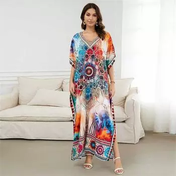 2024 Bohemian Chic Printed Batwing Sleeve V-образный вырез с разрезом по бокам Макси-платье Женская летняя одежда Пляжная одежда Купальный костюм Накидка Q1594 One size разноцветный