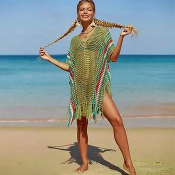 2024 Бохо Радужный Полосатый Градиент Вязаный Крючком Купальный Костюм Накидки Плюс Размер Женская Летняя Пляжная Одежда Топы Купальник Накидка Q1303 One size зелёный