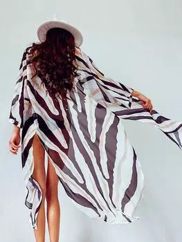 2024 Бохо шифоновый купальный костюм с рисунком зебры, накидки, пляжная одежда больших размеров, платье-кимоно, женский летний купальник, накидка S чёрный