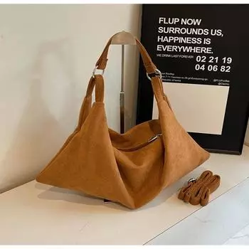 2024 Большая вместительная бархатная сумка через плечо с завязками, сумка для покупок, сумка через подмышку, женская сумка для поездок на работу, универсальный тренд осени и зимы 44*10*19 чёрный