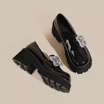 2024 Большие размеры 33-43 Британские женские лоферы со стразами Женские туфли без застежек на плоской подошве на платформе и каблуках Толстая подошва Мокасины с закрытым носком Мэри Джейн 33 чёрный