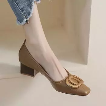 2024 Большие размеры 34-43 Женские туфли-лодочки Металлические туфли на среднем каблуке Туфли-лодочки Тисненые кожаные туфли на мелкой подошве Женские офисные туфли 34 хаки