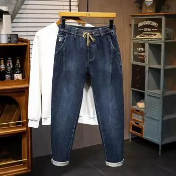 2024 Большие размеры Мужские весенние джинсы Повседневные пояса Модные шаровары Свободные базовые стильные эластичные брюки Длинные брюки 28 чёрный