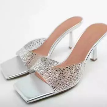 2024 большие размеры, туфли на высоком каблуке, женские летние новые однотонные босоножки на шпильке с квадратной головкой и стразами 36 чёрный