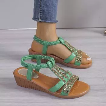2024 Большие размеры Женская обувь Бохо Повседневная Нога Стразы Каблук Круглый Мыс Пляжные Женские Сандалии 35