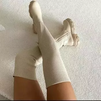 2024 Большие размеры Женская обувь Сапоги выше колена Женские трикотажные эластичные сапоги Женские туфли с круглым носком и боковой молнией на среднем каблуке Женские 36 покинуть белый