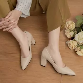 2024 Большие размеры Женская обувь Слипоны Женские туфли на высоком каблуке Классические офисные туфли-лодочки Женские туфли с острым носком на толстом каблуке Неглубокие туфли Женские 35 бежевый