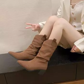 2024 Большие размеры Женская обувь Женские сапоги до середины икры Лаконичные современные сапоги Женские туфли с острым носком и квадратным каблуком Slip on для женщин 35