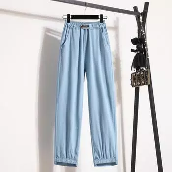 2024 Большие размеры, женские джинсы, брюки, джинсовые базовые однотонные шаровары с эластичной резинкой на талии, синие модные женские длинные брюки, тонкие XL синий