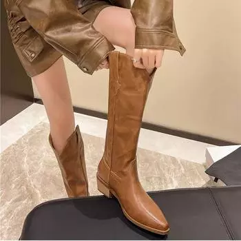 2024 большие высокие сапоги осень-весна остроносые толстые каблуки высокие каблуки рукава сапоги женские ковбойские сапоги в стиле вестерн модные сапоги 35 хаки