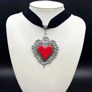 2024 Большое ожерелье Священного Сердца, Пылающее Священное Сердце, Религиозные украшения, Ожерелье Священного Сердца Любви к Богу, Бархатное колье с готическим сердцем 1