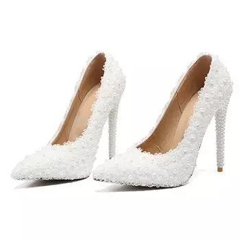 2024 Большой 43 Каблук высота 11 см Тонкий каблук заостренный Белый Свадебный Банкетный Высокий Каблук Кружевные Перламутровые Женские Модные Трендовые Высокие Каблуки 35 белый