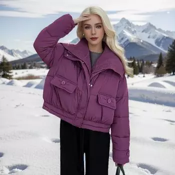 2024 большой лацкан вниз хлопковая одежда женская короткая зимняя мода иностранный стиль корейская версия свободная теплая хлопковая подбитая куртка M [Recommended 85-55kg]