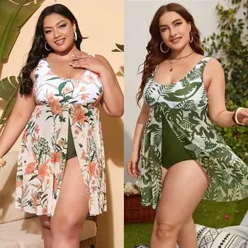 2024 Большой размер, цельный купальник с растительным принтом, купальник с рюшами и подолом, женский купальник с эффектом пуш-ап, пляжная одежда для плавания, купальные костюмы с открытой спиной L