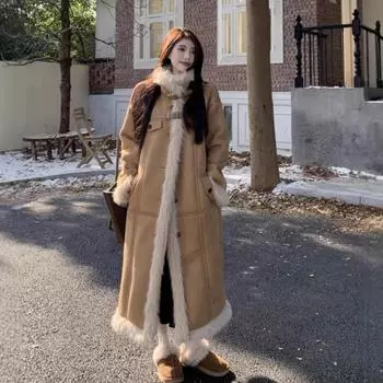 2024 большой размер ретро пальто из овечьей шерсти с интегрированным мехом осень-зима теплая средняя и длинная темпераментная верхняя часть S белый