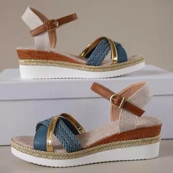 2024 Босоножки на танкетке Fish Mouth, женские открытые тапочки на танкетке с пуговицами, пляжные классные тапочки 36 синий