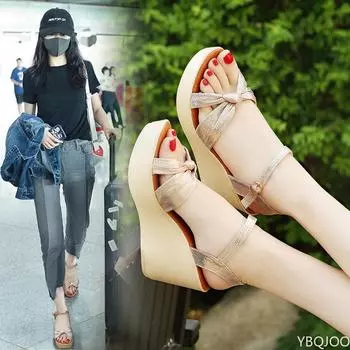 2024 Босоножки на танкетке, женская мода, летние туфли на каблуках, женские туфли с пряжкой на щиколотке, женские туфли, босоножки с открытым носком, черные, золотые 35 чёрный