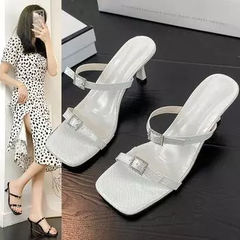 2024 Босоножки на высоком каблуке для женщин 2024 Летний костюм женский бежевый пряжка квадратный носок туфли на низком каблуке с ремешком Высокий каблук комфорт черный 34 чёрный