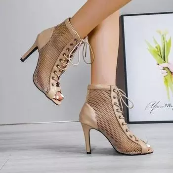 2024 Босоножки с сетчатым каблуком, женская обувь, лето 2024, тренд, черные, на шнуровке, сексуальные, с открытым носком, туфли на шпильке, женская обувь для джазовых танцев 35 бежевый