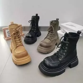 2024 Ботильоны для женщин Мотоциклетные ботинки на толстой платформе Женская обувь Дизайнерские короткие ботинки с круглым носком Женские рабочие ботинки на шнуровке 35 хаки