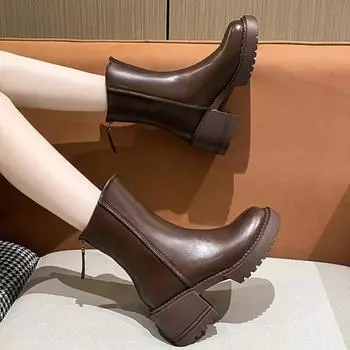2024 Ботинки Челси на толстом каблуке и платформе для женщин, модные дизайнерские ботинки на молнии, зимние ботинки с круглым носком, новые сапоги для верховой езды из искусственной кожи 35 чёрный