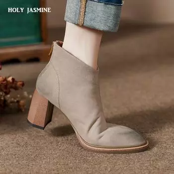 2024 Ботинки женские с острым носком на толстом каблуке женские ботинки из натуральной кожи женские лаконичные короткие ботинки на высоком каблуке с застежкой-молнией 34 темно серый