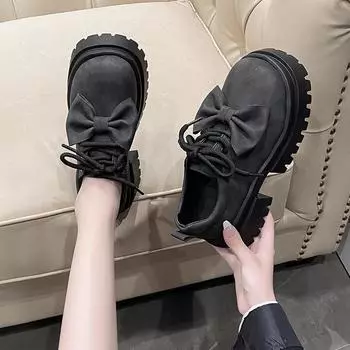 2024 Bow Muffin Big Head Толстая подошва Маленькие кожаные туфли женские осенние туфли на толстом каблуке со шнуровкой в стиле колледжа ретро прилив 35 хаки