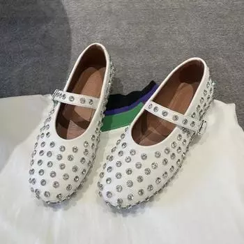 2024 Бренд Дизайн Натуральная Кожа Женские Повседневные Балетки Черные Кристаллы Туфли Мэри Джейн для Женщин Высокого Качества Большой Размер 43 CN35 белый