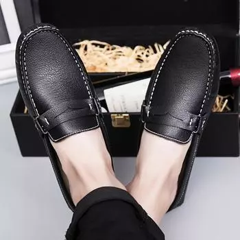 2024 Brand Men Shoes Summer Casual Flat Shoes Man Black Soft Leather Shoes Slip-on Half Slippers Men Comfortable Driving Loafers 38 чёрный