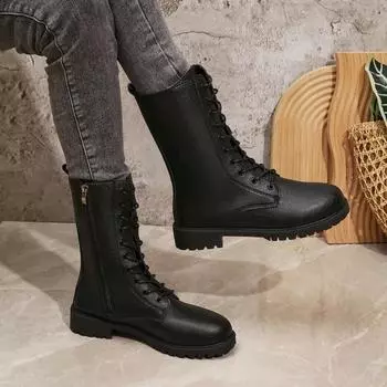 2024 Brand Shoes Women Lace Up Zipper Women s Boots Autumn Round Toe Solid Short Barrel Low-heeled Versatile Korean Style Boots 36 чёрный