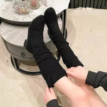 2024 Брендовая женская обувь Современные женские сапоги Большие размеры Сапоги до колена Женские плиссированные туфли с круглым носком на низком каблуке 36