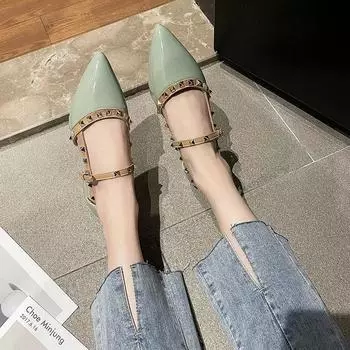 2024 Brand Women s Shoes Pointed Toe Low Heels Sandals Women Fashion Rivet Causal Dress Shoes Woman Elegant Thick Heels Shoe 35 бежевый