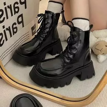2024 Brand Women s Shoes Side Zipper Women s Boots Fashion Front Lace-up Office and Career High Quality Round Toe Ankle Boots 35 матовый черный