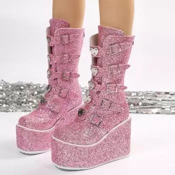 2024 Бренд Дизайн Большой Размер 43 Черный Готический Стиль Крутые Панк Мотоциклетные Ботинки Женские Платформы Танкетка Высокие Каблуки Ботинки Женская Обувь 35 красный