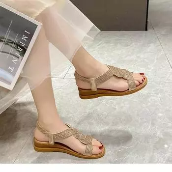 2024 Брендовая обувь для женщин, женские сандалии, летние однотонные, с блестками, эластичная лента, толстый каблук, открытый носок, повседневные пляжные сандалии для женщин 35 чёрный