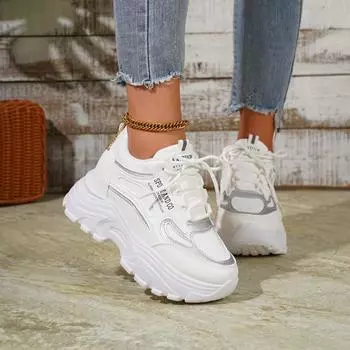 2024 Брендовая обувь Женская на шнуровке Женская вулканизированная обувь Уличная женская обувь Кроссовки с круглым носком на платформе Большие размеры Женская повседневная обувь 35 белый