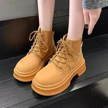 2024 брендовая женская обувь, женские ботильоны, универсальные современные ботинки, женские однотонные вязаные туфли на среднем каблуке со шнуровкой и круглым носком 40 жёлтый