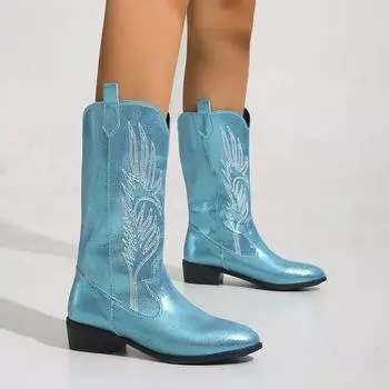 2024 брендовая женская обувь, женские ботинки без шнуровки, модные современные ботинки с вышивкой, женские пикантные женские туфли до середины икры с острым носком 36 baby голубой